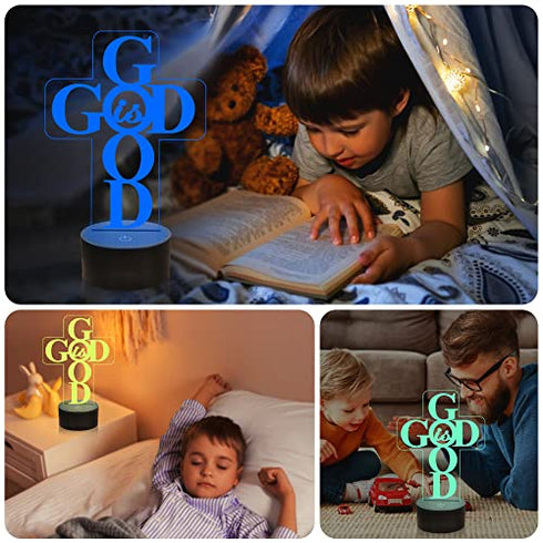 God is Good Jesus Cross 3D Night Light Christian Blessed Virgin Mary Illusion Lamp Decoration for Easter Day Christmas Day